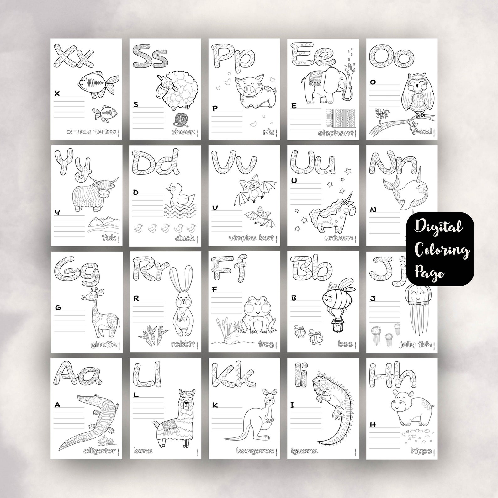 Printable Animals English Alphabet coloring pages for kid and | Etsy