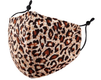 Leopard Print Face Mask, 100% Cotton Reusable Washable Cotton Face Mask with Filter Pocket, Animal Print Mask, Winter Face Mask