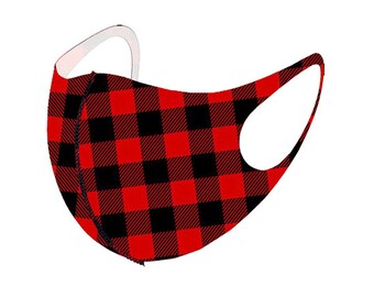 Red Buffalo Check Face Mask, Reusable Washable Face Mask, Fashion Face Mask, Polyester Spandex Face Mask, Unisex Face Mask