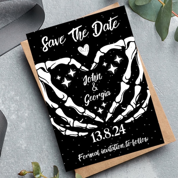 Alternative Personalised Customised Save The Date Wedding Card Invitation Custom Any Names Gothic Emo Rock n Roll Dark Black LGBTQ Invites