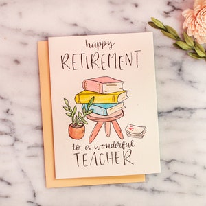 Cute Watercolor Hand Lettered Teacher Retirement Card, Books Theme