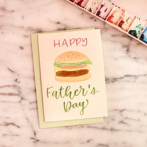 Acuarela con letras a mano tarjeta del Día del Padre Hamburger Grill temática