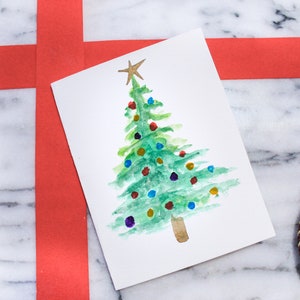 Tarjeta de felicitación de la tarjeta de Navidad del árbol de Navidad de la acuarela en blanco, tarjeta de Navidad linda, minimalista