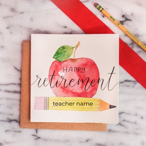 Carte de bonne retraite personnalisée à l'aquarelle pour enseignant, professeur, sur le thème de l'école