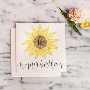 Custom Watercolor Hand Lettered Sunflower Spring Birthday Card With Age