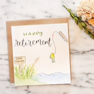 Cartão personalizado de feliz aposentadoria em aquarela com letras feitas à mão para pai, colega de trabalho, com o tema "Pescaria"