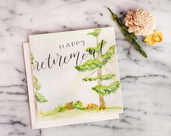 Tarjeta de feliz jubilación con temática de naturaleza, escrita a mano con árboles en acuarela