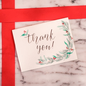 Cartão de agradecimento de presente de Natal pintado à mão em aquarela com letras