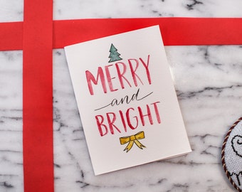 Watercolor Hand Lettered Christmas Greeting Card, Festive Cute Merry & Bright Card, Handmade Holiday Card