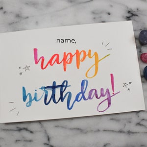 Nom personnalisé Rainbow Aquarelle Main Lettre carte d’anniversaire carte de vœux