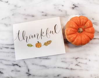 Watercolor Hand Lettered Minimalist Thanksgiving Card "Thankful" for Family, Friend, Coworker, Loved Ones