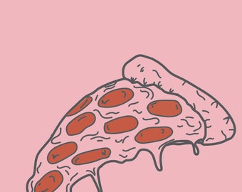 May include: A hand-drawn illustration of a slice of pizza with pepperoni on a pink background. The pizza is dripping with cheese and sauce.