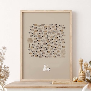 Jesus Leaves the 99 Sheep FRAMED PRINT, Christian Modern Biblical Art, Bible Sketch Shepherd Wall Art One Lost Sheep Jesus Print Boho Poster