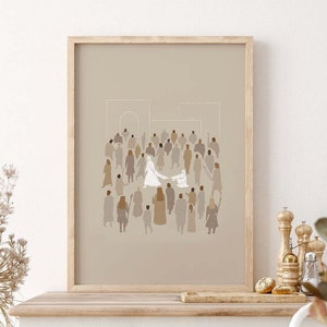 Ingelijste kunstprint van een vrouw die Jezus aanraakt, moderne christelijke decoratie.