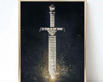 May include: A black and gold sword with the words "I am" and "A Child of God" written on it. The sword is surrounded by a starry background.