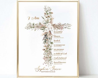 Personalized Floral Cross Baptism Print, Baby Girl Gift (Digital Download)