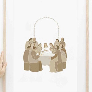 May include: A framed illustration of the Last Supper, depicting Jesus and his disciples gathered around a table. The artwork is done in a minimalist style with muted brown tones.