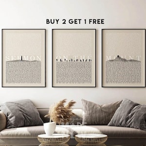 Kristen väggkonst set med 3 inramade tryck, Bergspredikan, kristen modern bibelverskonstverk, minimalistiskt bibeltryck, heminredning