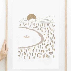 Jesus Teaching From Boat DIGITAL DOWNLOAD, Christian Bible Art, Modern Bible Verse Wall Art, Jesus print, Bible Sketch, Boho Scripture Decor
