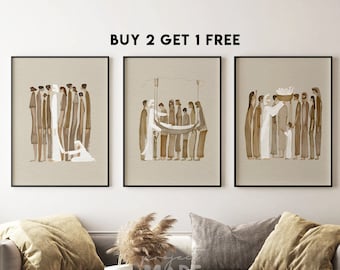 Christian Wall Art Set of 3 FRAMED PRINT, Modern Christian Bible Art, Jesus Painting Print, Bible Sketch Watercolor Frame Poster, Home Decor