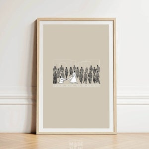 Può includere: Un'illustrazione in bianco e nero di una scena di matrimonio con il testo "enough faith the one who heals". L'illustrazione rappresenta una sposa e uno sposo in piedi di fronte a un gruppo di persone.
