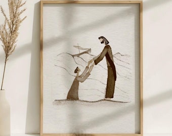 Stampa di Gesù e Pietro che camminano sull'acqua, arte biblica cristiana (download digitale)