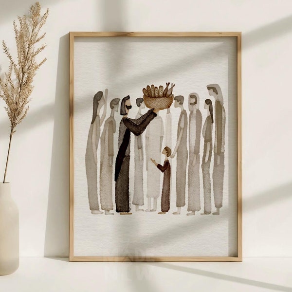 Lámina en acuarela "Jesús alimenta a 5000 personas", arte bíblico cristiano (descarga digital).