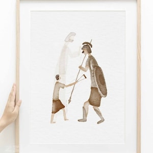 David and Goliath DIGITAL DOWNLOAD, Christian Modern Bible Art, Bible Story Wall Art, Jesus print, Bible Sketches, Christian Watercolor Gift