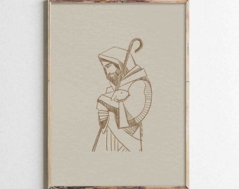 Op de afbeelding: Een lijntekening van een herder met een staf en een schaap in zijn armen. De tekening is in bruin op een beige achtergrond. De afbeelding is ingelijst in een houten lijst.