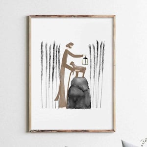 One Lost Sheep, Jesus Leaves the 99 Sheep DIGITAL DOWNLOAD, Bible Sketch Watercolor Art, Shepherd Wall Art Christian Modern Gift Jesus print