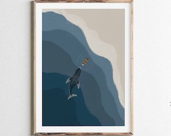 Wal Kunst DIGITALER DOWNLOAD Jona und der Wal Druck Moderne christliche Bibel Wandkunst, großer Fisch Bibel Skizze Kinderzimmer Blauwalboot Malerei