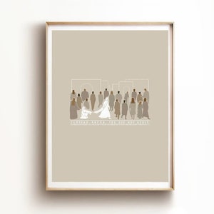 Può includere: Una stampa digitale beige con un contorno bianco di un gruppo di persone. La figura centrale è una donna con un vestito bianco, che tende la mano a una persona inginocchiata a terra. Il testo "Jehovah Rapha, The God Who Heals" è in fondo alla stampa.