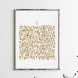 May include: A framed print of a minimalist illustration of a person standing in front of a crowd of people. The illustration is done in shades of brown and beige.