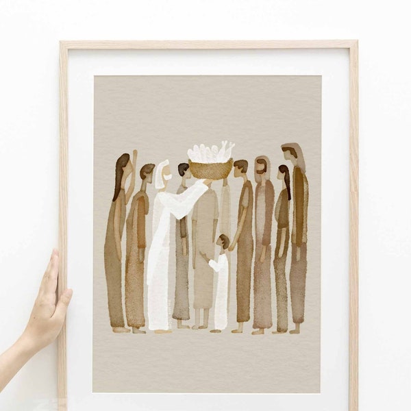 Lámina en acuarela "Jesús alimenta a 5000 personas", arte bíblico cristiano (descarga digital).