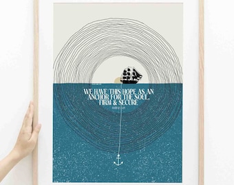 Impressão com versículo bíblico "Âncora para a Alma", arte cristã costeira (download digital)