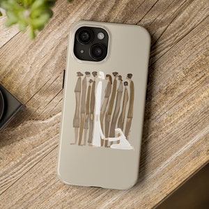 May include: A phone case with a beige background and a stylised illustration of a group of people in a line. The people are all wearing brown clothing and the person at the front of the line is wearing white clothing. The person at the back of the line is kneeling down.