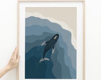 Jonah and the Whale Art Print, Christian Bible Story, Blue Coastal Sketch (Digital Download)