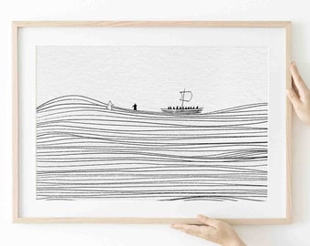 Walk on Water DIGITAL DOWNLOAD, Jesus and Peter Bible Art, Modern Christian Bible Verse Wall Art, Jesus print, Bible Sketch, Boho Home Decor