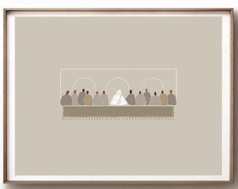 May include: A minimalist illustration of the Last Supper, depicted in muted beige and brown tones. The figures are simple and stylized, with a central figure in white representing Jesus.