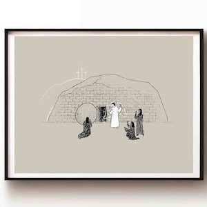 Trois Marie au tombeau TÉLÉCHARGEMENT NUMÉRIQUE, Jésus résurrection, il est ressuscité art biblique, impression Bible moderne Jésus art mural croquis biblique écriture