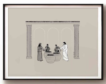 Wedding at Cana DIGITAL DOWNLOAD, Water into Wine Bible Art Christian Modern Bible Verse Art Print Jesus Bible Sketches Scripture Home Decor