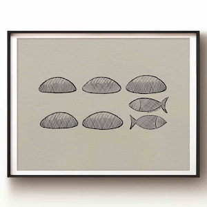 5 Loaves of Bread and 2 Fish DIGITAL DOWNLOAD, Bible Sketches Art, Jesus Feeds 5000 God provides Wall Art, Christian Gift Modern Jesus print