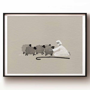 Good Shepherd, Jesus Leaves the 99 Sheep DIGITAL DOWNLOAD, Bible Sketch, Watercolor Art, Contemporary Wall Art, Christian Modern Jesus print