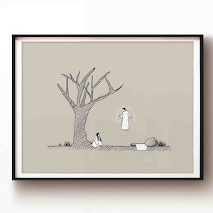 Hagar, Ismael und der Engel DIGITALER DOWNLOAD, Genesis-Druck, Bibelskizze druckbare Wandkunst, Hagar ausgestoßen, moderne christliche Poster-Geschenke