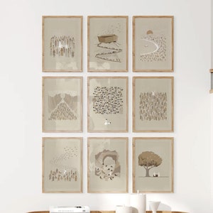 May include: A set of nine framed prints with abstract designs in shades of brown and beige. The prints are arranged in a grid pattern on a white wall above a wooden cabinet.