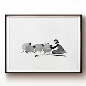 Good Shepherd, Jesus Leaves the 99 Sheep DIGITAL DOWNLOAD, Bible Sketch, Watercolor Art, Contemporary Wall Art, Christian Modern Jesus print