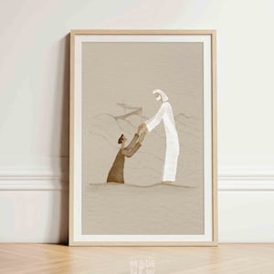 Jesus and Peter Walk on Water DIGITAL DOWNLOAD, Christian Bible Art, Modern Wall Print, Jesus print, Bible Sketch Boho Watercolor Home Decor