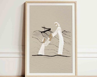 Jesus and Peter Walk on Water Print, Christian Bible Art (Digital Download)