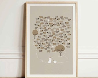 Jesus Leaves the 99 Sheep DIGITAL DOWNLOAD, Christian Art Bible Sketch, Bible Wall Art One Lost Sheep Christian Gift Modern Jesus print Boho