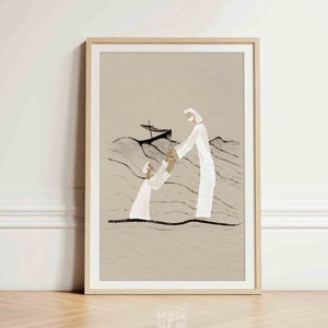 Jesus and Peter Walk on Water DIGITAL DOWNLOAD, Christian Bible Art, Modern Wall Print, Jesus print, Bible Sketch Boho Watercolor Home Decor